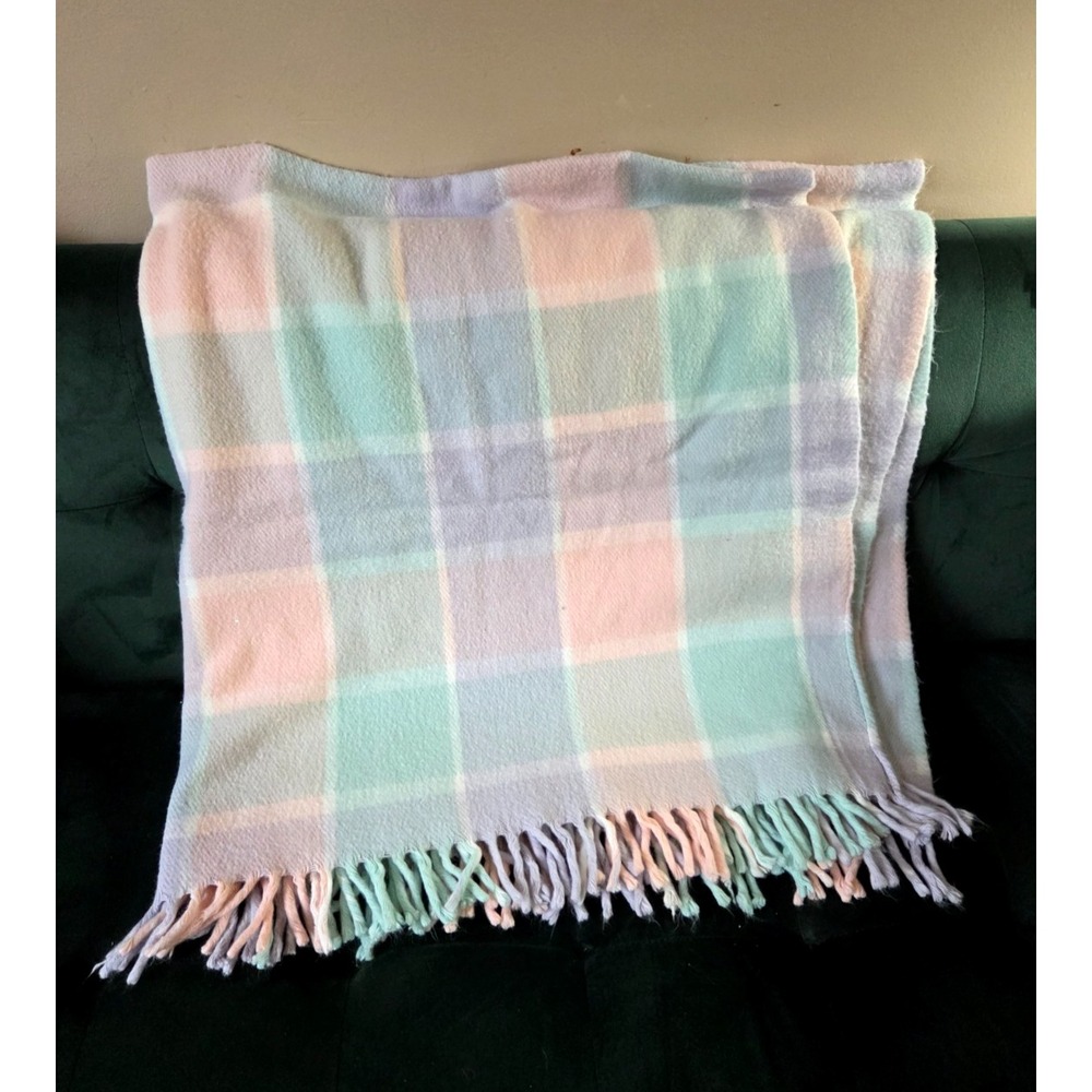 Faribo Faribault Stadium Throw Blanket Fringed Pastel Pink Green Plaid 54''